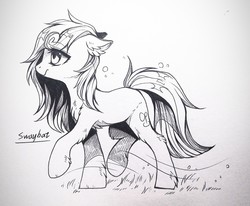 Size: 1280x1054 | Tagged: safe, artist:swaybat, oc, oc only, earth pony, pony, chest fluff, leg fluff, monochrome, signature, simple background, solo, walking, white background