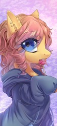 Size: 585x1280 | Tagged: safe, artist:swaybat, oc, oc only, oc:文汐, pony, candy, clothes, ear piercing, eating, eye clipping through hair, female, food, hoodie, hoof hold, lollipop, looking at you, mare, not fluttershy, piercing, solo