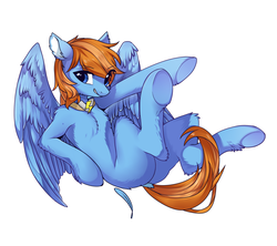 Size: 1800x1600 | Tagged: safe, artist:swaybat, oc, oc only, oc:dreammiao, oc:迪小喵, pegasus, pony, blank flank, colored ears, dock, ear fluff, feather, large wings, looking at you, on back, simple background, smiling, solo, underhoof, white background, wings
