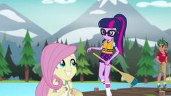 Size: 1280x720 | Tagged: safe, screencap, fluttershy, sci-twi, timber spruce, twilight sparkle, equestria girls, g4, my little pony equestria girls: legend of everfree, boots, camp everfree logo, camp everfree outfits, female, legs, male, mountain, oar, pier, shoes, smiling, water