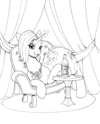 Size: 3297x4082 | Tagged: safe, artist:longinius, oc, oc only, oc:rose petal, pony, unicorn, alcohol, black and white, couch, curtains, ear fluff, female, glass, grayscale, jewelry, levitation, lidded eyes, lineart, looking at you, lounging, magic, mare, monochrome, necklace, open mouth, pearl necklace, pendant, solo, telekinesis, wine, wine bottle, wine glass