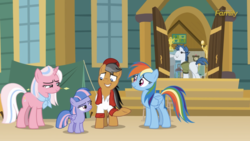 Size: 1334x750 | Tagged: safe, screencap, clear sky, quibble pants, rainbow dash, wind sprint, earth pony, pegasus, pony, unicorn, common ground, g4, clothes, female, filly, foal, freckles, male, mare, neckerchief, shirt, stallion