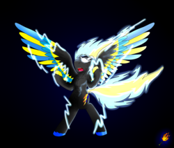 Size: 3150x2700 | Tagged: safe, artist:midnightfire1222, oc, oc only, oc:arc flash, pegasus, pony, angry, commission, electricity, glowing, high res, lightning, lightning king, powered up, solo