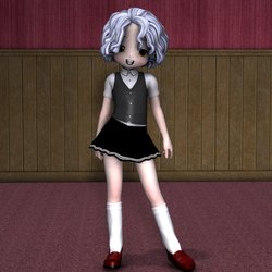 Size: 1500x1500 | Tagged: safe, artist:crisisdriver, cozy glow, human, g4, 3d, clothes, female, humanized, looking at you, miniskirt, pleated skirt, school uniform, shoes, skirt, socks, solo, uncanny valley