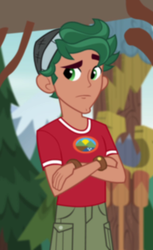 Size: 622x1019 | Tagged: safe, screencap, timber spruce, equestria girls, g4, my little pony equestria girls: legend of everfree, camp everfree logo, camp everfree outfits, clothes, cropped, crossed arms, male, shorts, solo