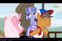 Size: 3000x2000 | Tagged: safe, edit, edited screencap, screencap, clear sky, quibble pants, wind sprint, earth pony, pegasus, pony, unicorn, common ground, g4, annoyed, black bars, discovery family logo, eyes closed, female, filly, foal, frown, high res, letterboxing, male, mare, piggyback ride, smiling, stallion, trio, unimpressed