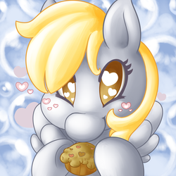 Size: 2000x2000 | Tagged: safe, artist:darkmagician1212, artist:iliekbuttz, derpy hooves, pegasus, pony, g4, female, floating heart, food, heart, heart eyes, high res, muffin, solo, wingding eyes