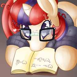 Size: 2000x2000 | Tagged: safe, artist:darkmagician1212, artist:iliekbuttz, moondancer, pony, unicorn, g4, book, cute, dancerbetes, female, floating heart, heart, heart eyes, high res, mare, mouth hold, reading, smiling, solo, wingding eyes