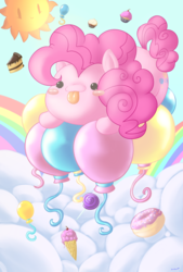 Size: 2708x4000 | Tagged: safe, artist:darkmagician1212, artist:iliekbuttz, pinkie pie, earth pony, pony, g4, :p, balloon, blush sticker, blushing, candy, chibi, cute, diapinkes, donut, female, floating, food, ice cream, lollipop, solo, sun, then watch her balloons lift her up to the sky, tongue out