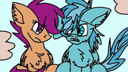 Size: 1095x616 | Tagged: safe, artist:christle-flyer-ssl, scootaloo, oc, oc:christle flyer, pegasus, pony, g4, christaloo, colt, concerned, crystal eyes, female, filly, folded wings, looking at each other, male, sitting, sky background, windswept tail, wings