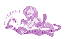 Size: 1280x775 | Tagged: safe, artist:dstears, fluttershy, big cat, pegasus, pony, tiger, g4, bellyrubs, cute, female, mare, monochrome, onomatopoeia, pale belly, purring, shyabetes, simple background, white background, wholesome