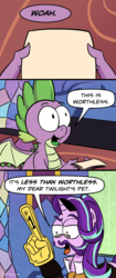 Size: 923x2190 | Tagged: safe, artist:pony-berserker, spike, starlight glimmer, dragon, pony, unicorn, g4, comic, duo, exploitable meme, facial hair, female, foam finger, glasses, gravity falls, male, mare, meme, meme template, moustache, number one, pince-nez, sideburns, speech bubble, this is worthless, winged spike, wings