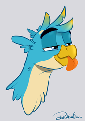 Size: 772x1091 | Tagged: safe, artist:rutkotka, gallus, griffon, g4, blue, bust, funny, gray background, male, simple background, smug, solo, tongue out