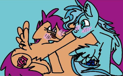 Size: 1096x678 | Tagged: safe, artist:christle-flyer-ssl, scootaloo, oc, oc:christle flyer, pegasus, pony, g4, blushing, boop, canon x oc, christaloo, colorful background, colt, confused, crystal eyes, cute, female, filly, looking at each other, male, shipping, sitting, smiling, spread wings, tongue out, wings down, young love