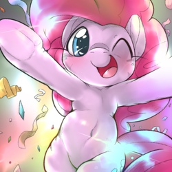 Size: 1536x1536 | Tagged: safe, artist:kurogewapony, pinkie pie, earth pony, pony, abstract background, bipedal, both cutie marks, confetti, cute, diapinkes, female, frog (hoof), front view, full face view, looking at you, mare, one eye closed, open mouth, smiling, solo, this will end in hugs, underhoof, wink