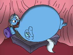 Size: 1048x788 | Tagged: safe, artist:virus-20, trixie, pony, unicorn, g4, alicorn amulet, belly, bottom heavy, fat, female, impossibly large belly, lying, mare, obese, the great and bountiful trixie