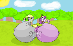 Size: 1013x645 | Tagged: safe, artist:dragovian15, derpy hooves, screwball, pegasus, pony, g4, belly, bottom heavy, eating, fat, female, food, impossibly large belly, morbidly obese, muffin, obese