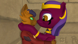 Size: 1920x1080 | Tagged: safe, artist:red4567, capper dapperpaws, the sphinx, abyssinian, sphinx, anthro, g4, my little pony: the movie, 3d, caphinx, crack shipping, female, interspecies, looking at each other, male, shipping, source filmmaker, straight