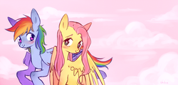 Size: 1700x807 | Tagged: safe, artist:deerdelraya, fluttershy, rainbow dash, pegasus, pony, g4, blushing, cloud, female, heart eyes, lesbian, looking at each other, mare, ship:flutterdash, shipping, sky, smiling, spread wings, turned head, wingding eyes, wings