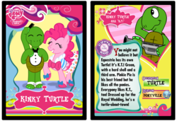 Size: 1024x700 | Tagged: safe, artist:tim-kangaroo, pinkie pie, oc, oc:kinky turtle, pony, tortoise, g4, bowtie, clothes, collector card, comb, fan made, hidden message, party dress, ponyville, spats, tuxedo, two sides