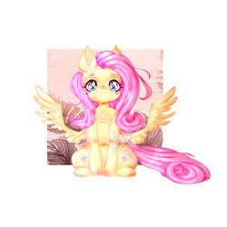 Size: 3333x3333 | Tagged: safe, artist:pinkk-king, fluttershy, pegasus, pony, g4, blush sticker, blushing, chest fluff, female, front view, full face view, high res, looking at you, mare, sitting, smiling, solo, spread wings, wings