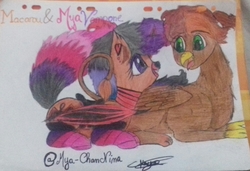 Size: 1619x1108 | Tagged: safe, artist:mya-chan nina, oc, oc only, oc:hoxton, oc:mya-chan the vampony, alicorn, griffon, pony, vampony, alicorn oc, bat wings, beak, claws, clothes, colored, dyed mane, eyebrows, eyelashes, griffon oc, horn, looking at each other, lying down, paws, peytral, saddle, scrunchie, sharp teeth, simple background, smiling, socks, striped socks, tack, talking, teeth, title, traditional art, wings