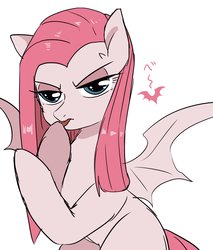 Size: 1746x2048 | Tagged: safe, artist:hosikawa, pinkie pie, bat pony, pony, g4, angry, bat ponified, bat wings, female, glare, intimidating, licking, mare, pinkamena diane pie, pinkiebat, race swap, simple background, solo, species swap, tongue out, white background, wings