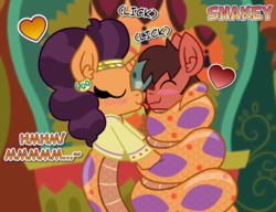 Size: 1000x768 | Tagged: safe, artist:snakeythingy, saffron masala, oc, oc:sketchy dupe, lamia, original species, snake pony, g4, blushing, canon x oc, coiling, coils, lamiafied, licking, licking lips, male, malesub, sketchffron, species swap, story included, submissive, tongue out
