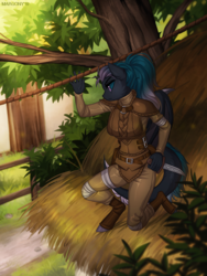 Size: 976x1300 | Tagged: safe, artist:margony, oc, oc only, bat pony, anthro, unguligrade anthro, anthro oc, assassin, bat pony oc, clothes, female, grass, knife, mare, roof, rope, scenery, solo