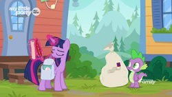 Size: 1920x1080 | Tagged: safe, screencap, spike, twilight sparkle, alicorn, dragon, pony, g4, the point of no return, bag, magic, map, quill, saddle bag, scroll, twilight sparkle (alicorn), winged spike, wings