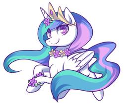 Size: 2539x2149 | Tagged: safe, artist:patchnpaw, princess celestia, alicorn, pony, g4, crown, female, flower, flower in hair, high res, jewelry, looking at you, mare, regalia, simple background, solo, white background