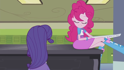 Size: 1280x720 | Tagged: safe, screencap, pinkie pie, rarity, equestria girls, g4, player piano, boots, clothes, eyes closed, keytar, legs, musical instrument, piano, pinkie being pinkie, pinkie on a piano, shoes, skirt