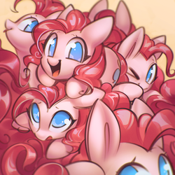 Size: 900x900 | Tagged: safe, artist:mirroredsea, pinkie pie, earth pony, pony, g4, clone, cute, diapinkes, female, looking at you, mare, multeity, no pupils, one eye closed, open mouth, tongue out, too much pink energy is dangerous
