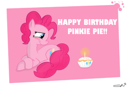 Size: 800x555 | Tagged: safe, artist:crackernut, pinkie pie, earth pony, pony, birthday, blushing, candle, cupcake, cute, diapinkes, female, food, happy birthday, pinkie pie's birthday, profile, prone, signature, solo