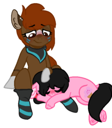 Size: 532x606 | Tagged: safe, artist:thatonefluffs, oc, oc:maple festival, oc:moonlight, pony, blushing, clothes, female, freckles, lesbian, purring, ship:maplelight, sleeping on lap, socks