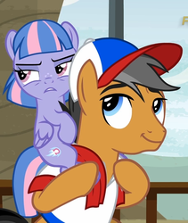 Size: 455x540 | Tagged: safe, screencap, quibble pants, wind sprint, earth pony, pegasus, pony, common ground, g4, cap, clothes, cropped, duo, eyeroll, female, filly, foal, hat, male, piggyback ride, smiling, stallion, wind sprint is not amused, wings