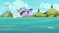 Size: 1920x1080 | Tagged: safe, screencap, spike, twilight sparkle, alicorn, dragon, pony, g4, the point of no return, bag, flying, ocean, saddle bag, twilight sparkle (alicorn), water, winged spike, wings