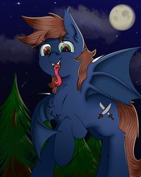 Size: 800x1000 | Tagged: safe, artist:luriel maelstrom, oc, oc only, oc:warly, bat pony, pony, bat pony oc, chest fluff, fangs, forest, glowing eyes, long tongue, looking at you, male, moon, night, open mouth, pine tree, solo, spread wings, stallion, stars, tongue out, tree, wings