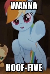 Size: 270x400 | Tagged: safe, edit, edited screencap, screencap, applejack, rainbow dash, earth pony, pegasus, pony, g4, my little pony: the movie, caption, cropped, female, flying, image macro, looking at you, mare, solo focus, spread wings, text, underhoof, wings