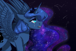 Size: 1500x1000 | Tagged: safe, artist:lissfoxz, princess luna, alicorn, pony, g4, constellation, constellation hair, crown, crying, ear fluff, ethereal mane, female, jewelry, leg fluff, mare, open mouth, profile, regalia, shooting star, solo, spread wings, starry mane, stars, wing fluff, wings