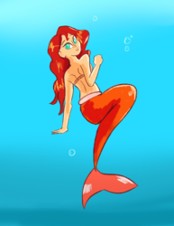 Size: 2550x3300 | Tagged: dead source, safe, artist:pettypop, sunset shimmer, mermaid, equestria girls, g4, bubble, female, high res, looking back, mermaidized, midriff, solo, species swap, underwater