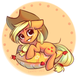 Size: 1077x1072 | Tagged: safe, artist:falafeljake, applejack, earth pony, pony, g4, cowboy hat, cute, ear fluff, female, floppy ears, hat, jackabetes, looking at you, mare, no nose, pillow, prone, smiling, solo