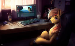 Size: 1600x975 | Tagged: safe, artist:l1nkoln, doctor whooves, time turner, oc, pony, g4, chair, commission, computer, computer mouse, desk, female, keyboard, looking at you, mare, monitor, mug, office chair, paintbrush, sitting, smiling, window