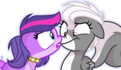 Size: 2016x1159 | Tagged: safe, artist:rainbow eevee, earth pony, pegasus, pony, base used, collar, female, filly, littlest pet shop, looking at each other, pepper clark, ponified, simple background, white background, zoe trent