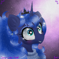 Size: 3000x3000 | Tagged: safe, artist:darkest-lunar-flower, princess luna, alicorn, pony, g4, blushing, clothes, crying, description at source, ear piercing, female, high res, jewelry, mare, piercing, regalia, smiling, solo, starry eyes, sweater, tears of joy, wingding eyes