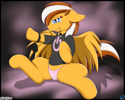 Size: 2500x2000 | Tagged: safe, artist:cloufy, oc, oc only, pegasus, pony, clothes, commission, computer mouse, female, high res, mare, panties, pink underwear, shirt, solo, spread legs, spreading, t-shirt, underwear, wings