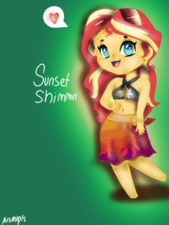 Size: 1800x2400 | Tagged: safe, artist:artmlpk, sunset shimmer, equestria girls, equestria girls specials, g4, my little pony equestria girls: better together, my little pony equestria girls: forgotten friendship, anime style, beach, belly button, bikini, chibi, clothes, cute, heart eyes, midriff, open mouth, pictogram, sarong, shimmerbetes, speech bubble, summer sunset, swimsuit, towel, wingding eyes