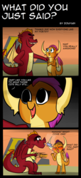 Size: 1000x2200 | Tagged: safe, artist:zouyugi, garble, smolder, dragon, g4, sweet and smoky, blushing, broken english, brother and sister, comic, dialogue, engrish, female, garblebuse, grammar error, male, punch, scary face, siblings