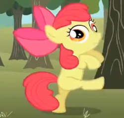Size: 340x324 | Tagged: safe, screencap, apple bloom, earth pony, pony, g4, season 2, the super speedy cider squeezy 6000, cropped, derp, dizzy, female, filly, foal, hooves up, raised leg, solo