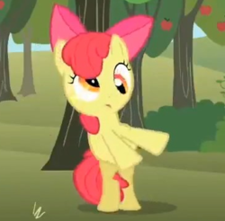 Size: 366x360 | Tagged: safe, screencap, apple bloom, earth pony, pony, g4, season 2, the super speedy cider squeezy 6000, apple tree, cropped, derp, dizzy, female, filly, foal, solo, tree